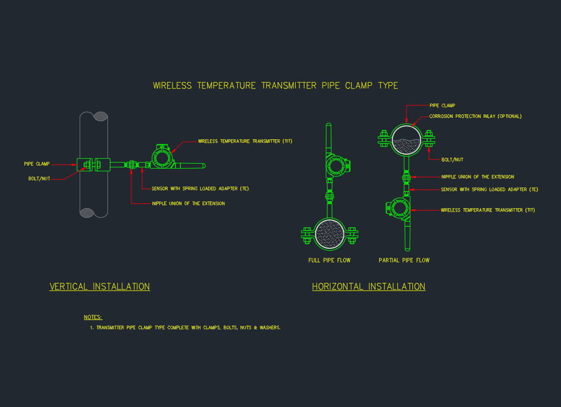 Wireless Temperature Transmitter Pipe Clamp Detail (Vertical/Horizontal)