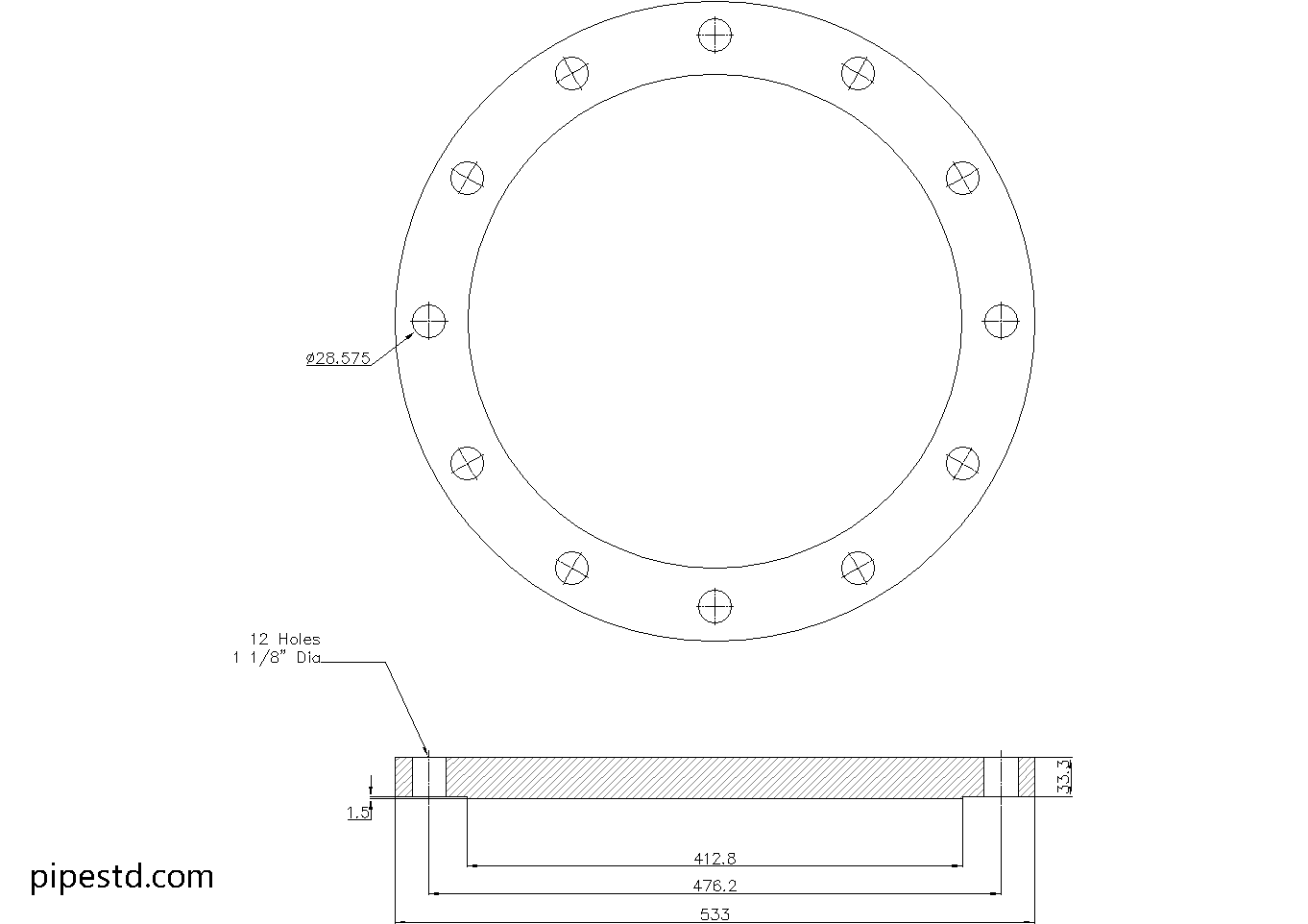 Blind Flange 14 Inch Class 150 Dimensions, Weight and Bolt Size