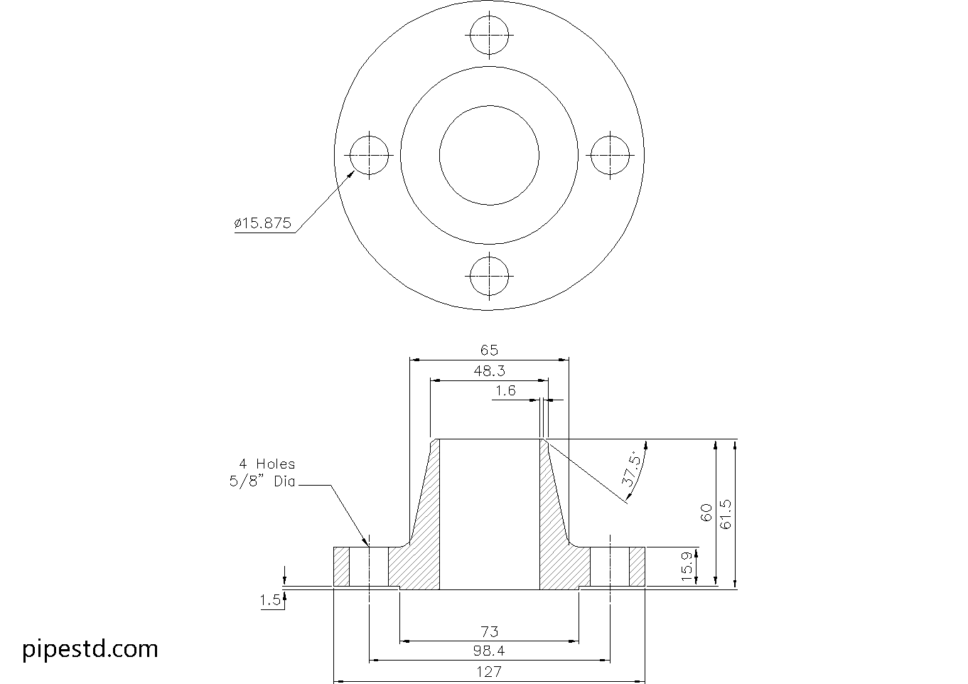 Weld Neck Flange 1 1/2 Inch Class 150 Dimensions, Weight and Bolt Size