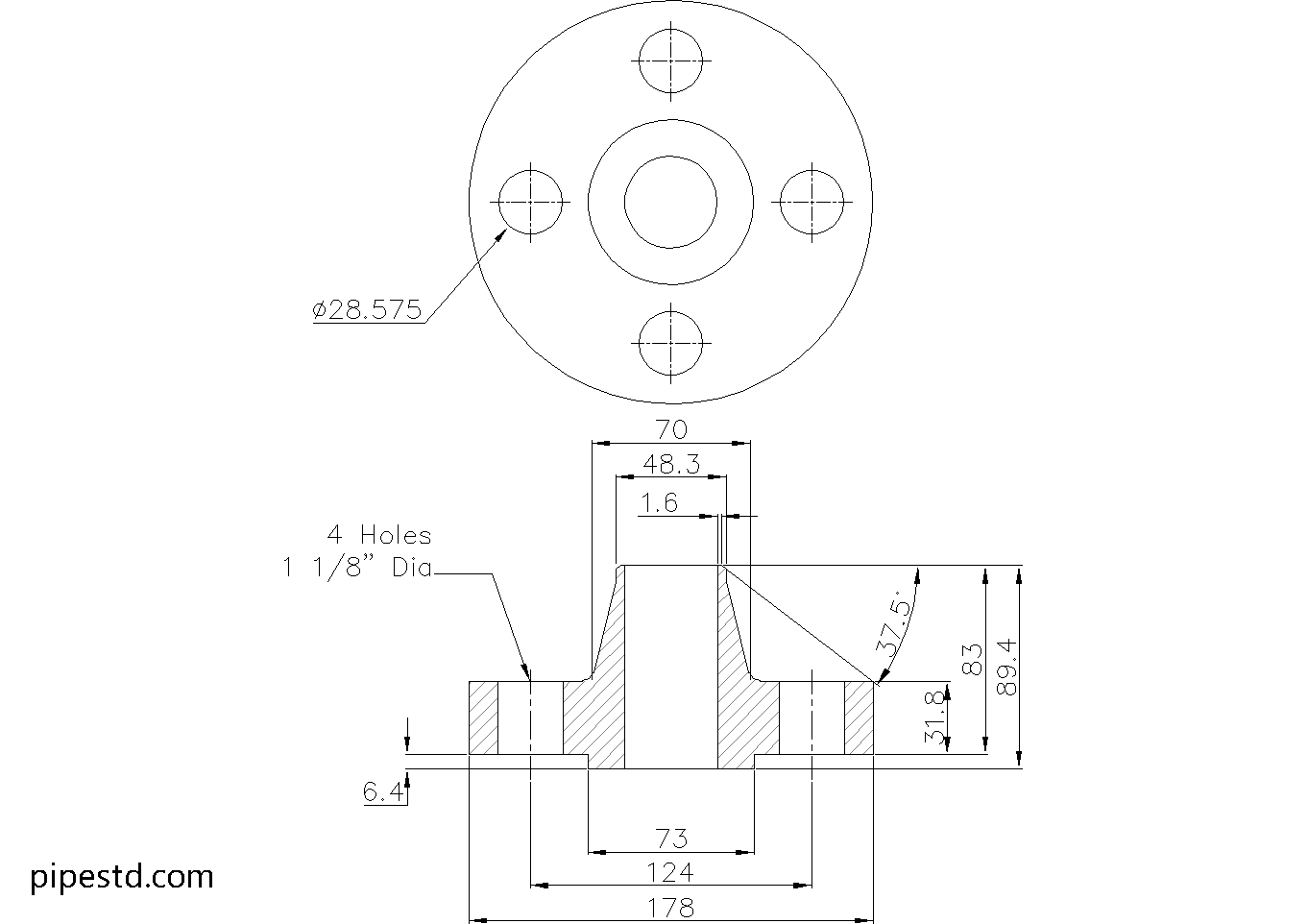 Weld Neck Flange 1 1/2 Inch Class 900 Dimensions, Weight and Bolt Size