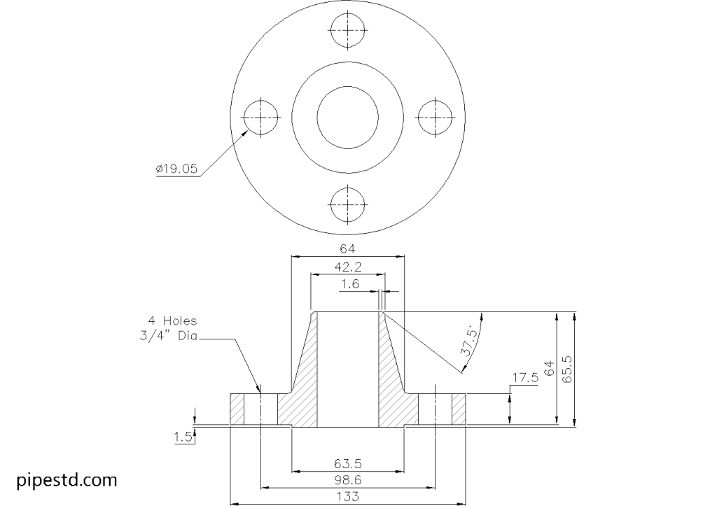 Weld Neck Flange 1 1/4 Inch Class 300 Dimensions, Weight and Bolt Size