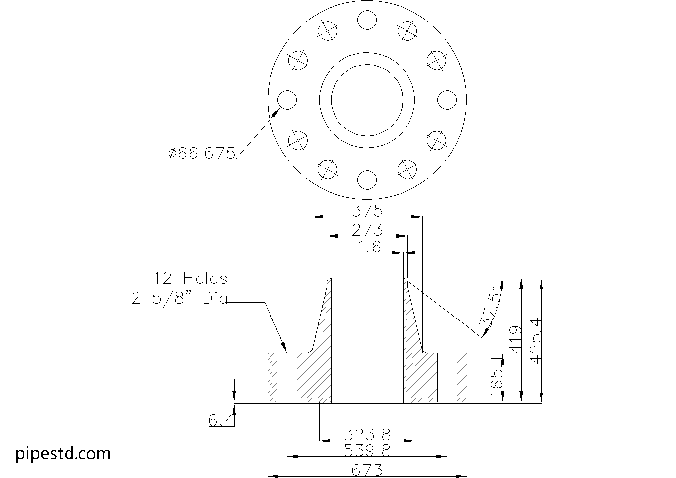 Weld Neck Flange 10 Inch Class 2500 Dimensions, Weight and Bolt Size