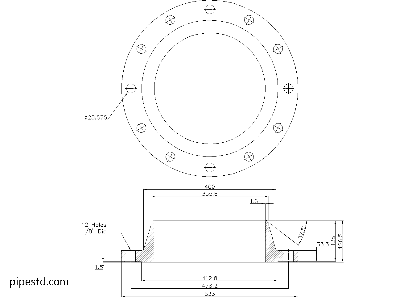 Weld Neck Flange 14 Inch Class 150 Dimensions, Weight and Bolt Size