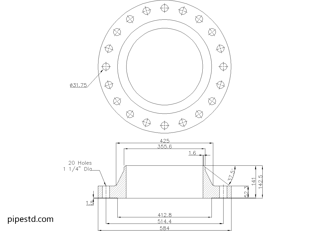 Weld Neck Flange 14 Inch Class 300 Dimensions, Weight and Bolt Size