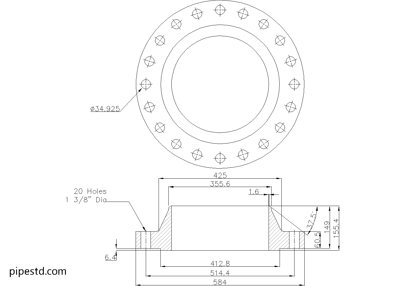 Weld Neck Flange 14 Inch Class 400 Dimensions, Weight and Bolt Size