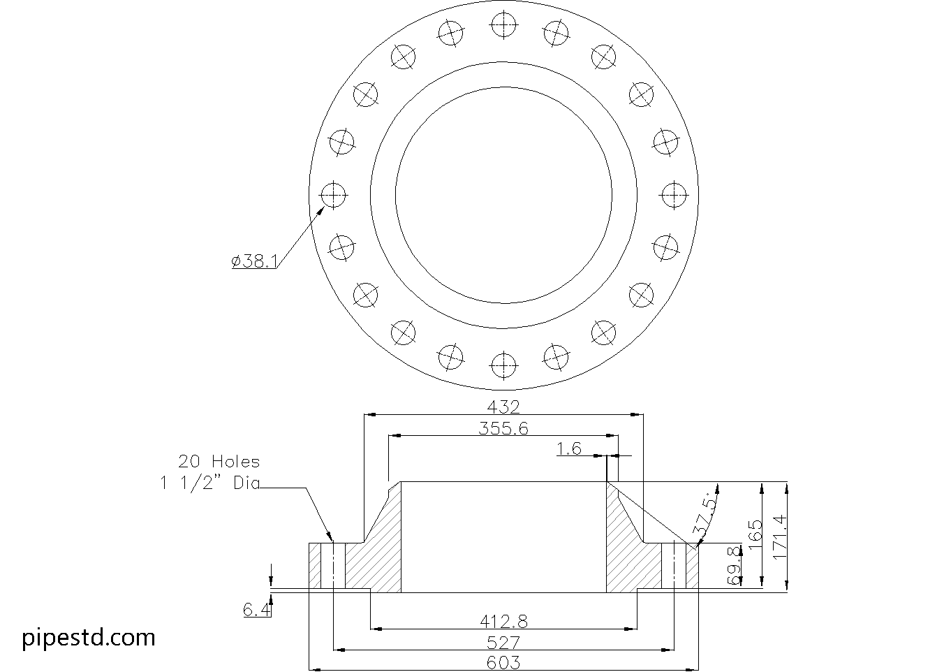 Weld Neck Flange 14 Inch Class 600 Dimensions, Weight and Bolt Size