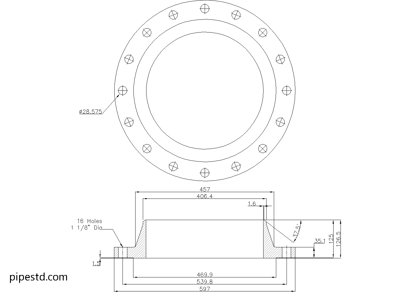 Weld Neck Flange 16 Inch Class 150 Dimensions, Weight and Bolt Size