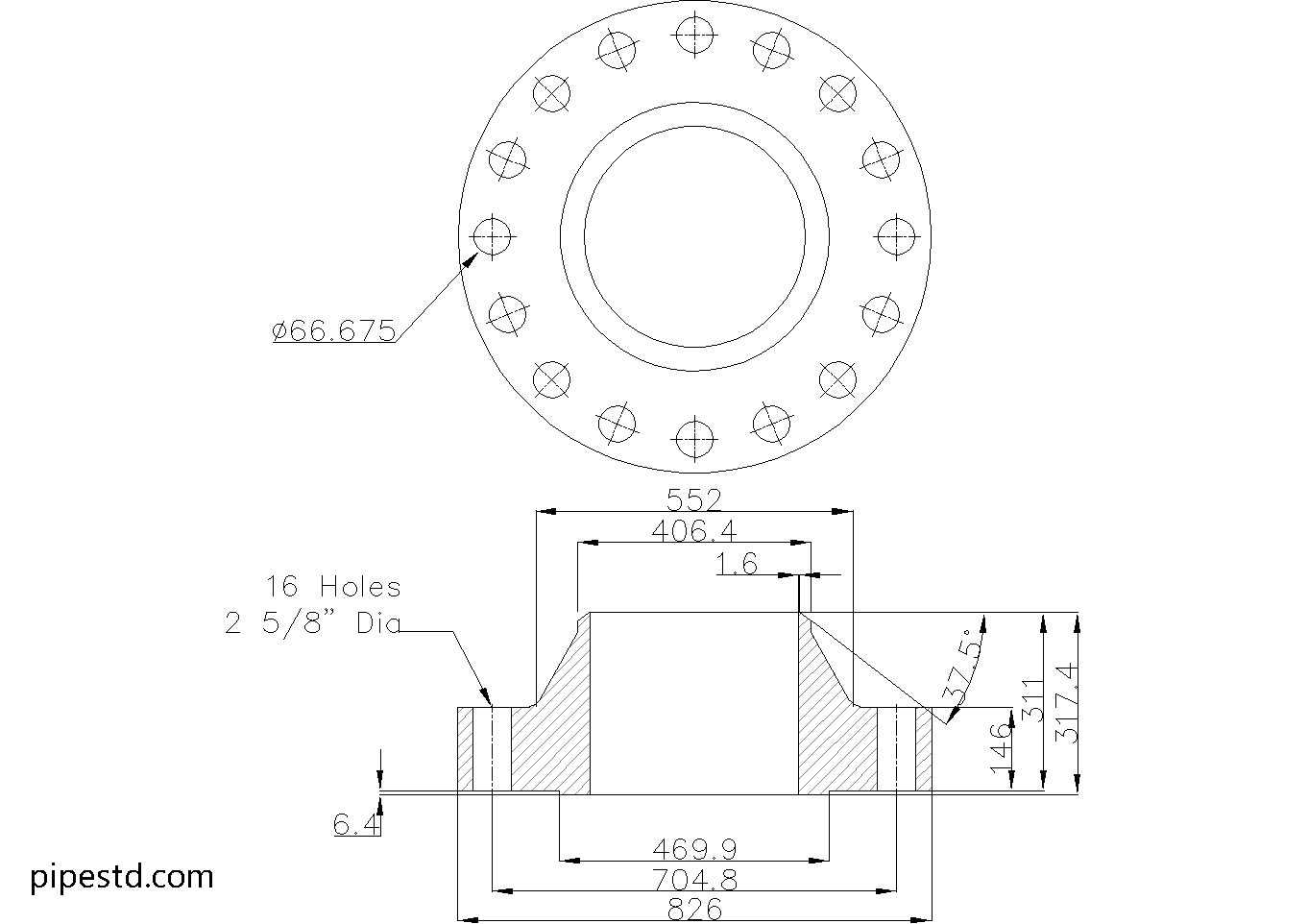 Weld Neck Flange 16 Inch Class 1500 Dimensions, Weight and Bolt Size
