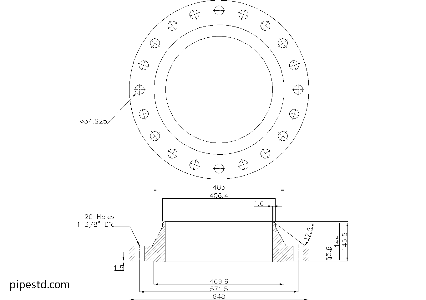 Weld Neck Flange 16 Inch Class 300 Dimensions, Weight and Bolt Size
