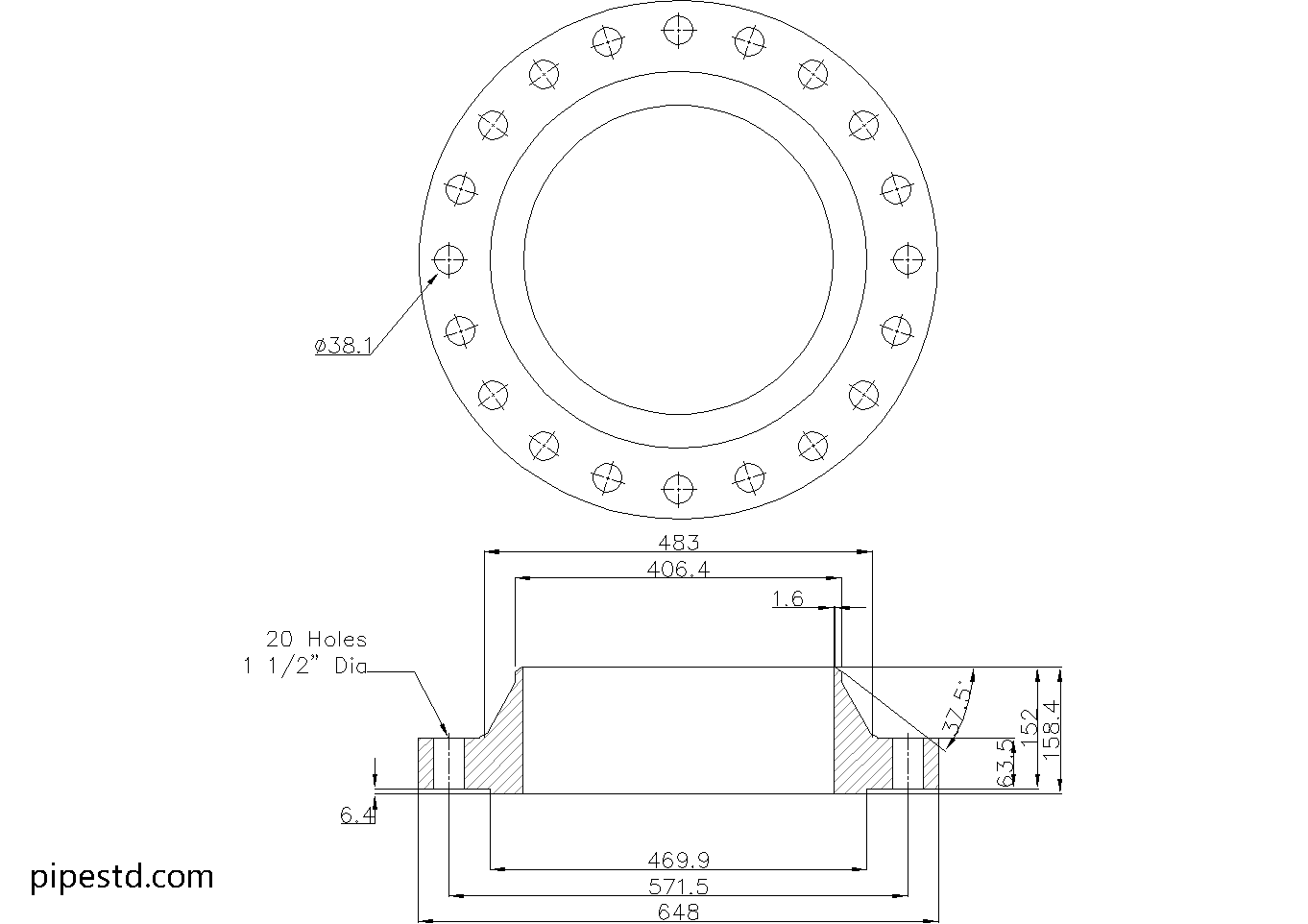 Weld Neck Flange 16 Inch Class 400 Dimensions, Weight and Bolt Size
