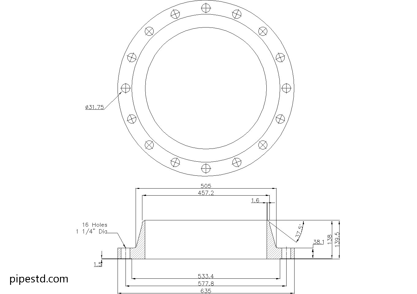 Weld Neck Flange 18 Inch Class 150 Dimensions, Weight and Bolt Size