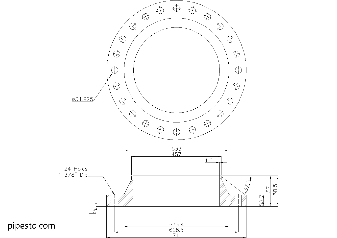 Weld Neck Flange 18 Inch Class 300 Dimensions, Weight and Bolt Size