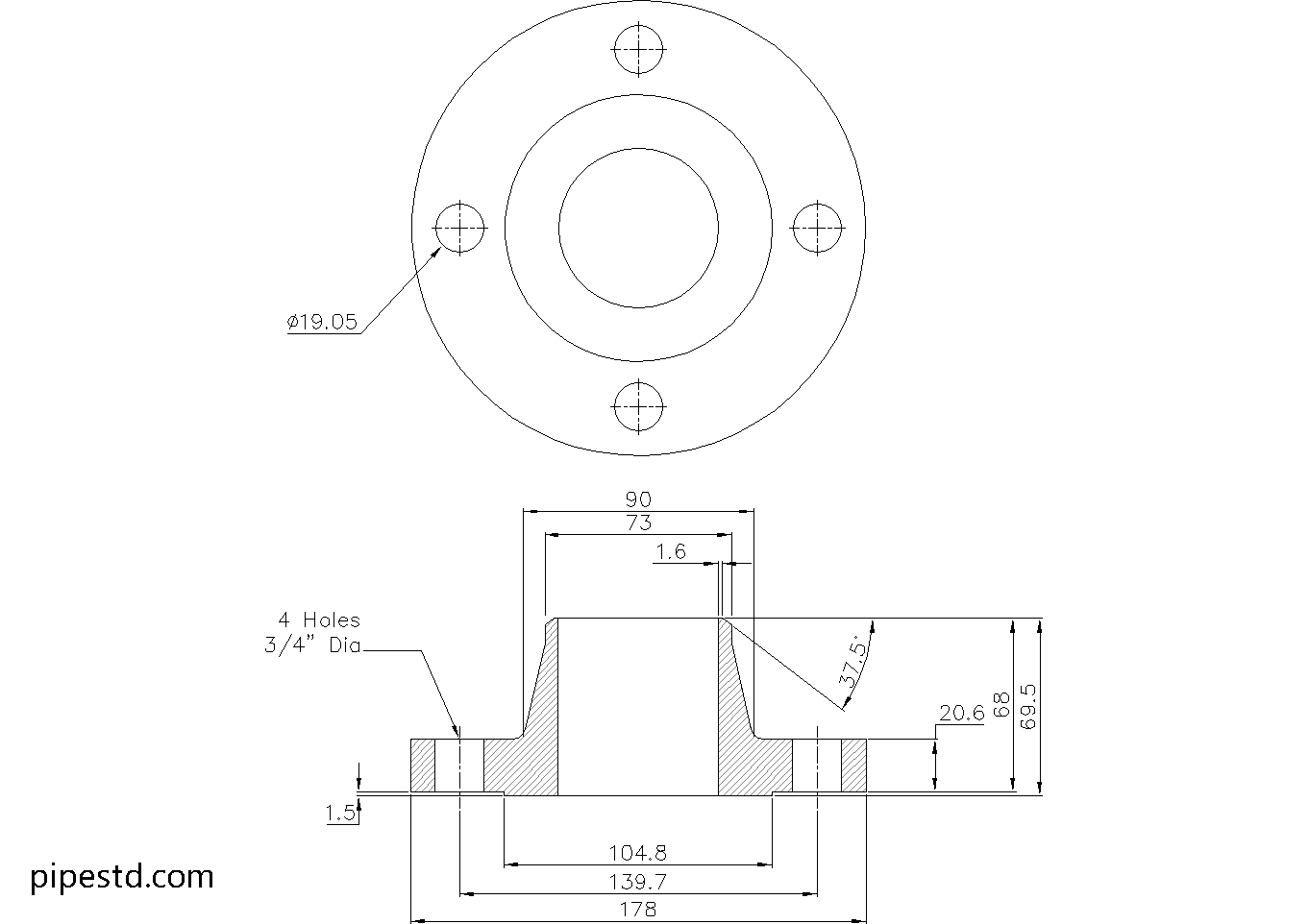 Weld Neck Flange 2 1/2 Inch Class 150 Dimensions, Weight and Bolt Size
