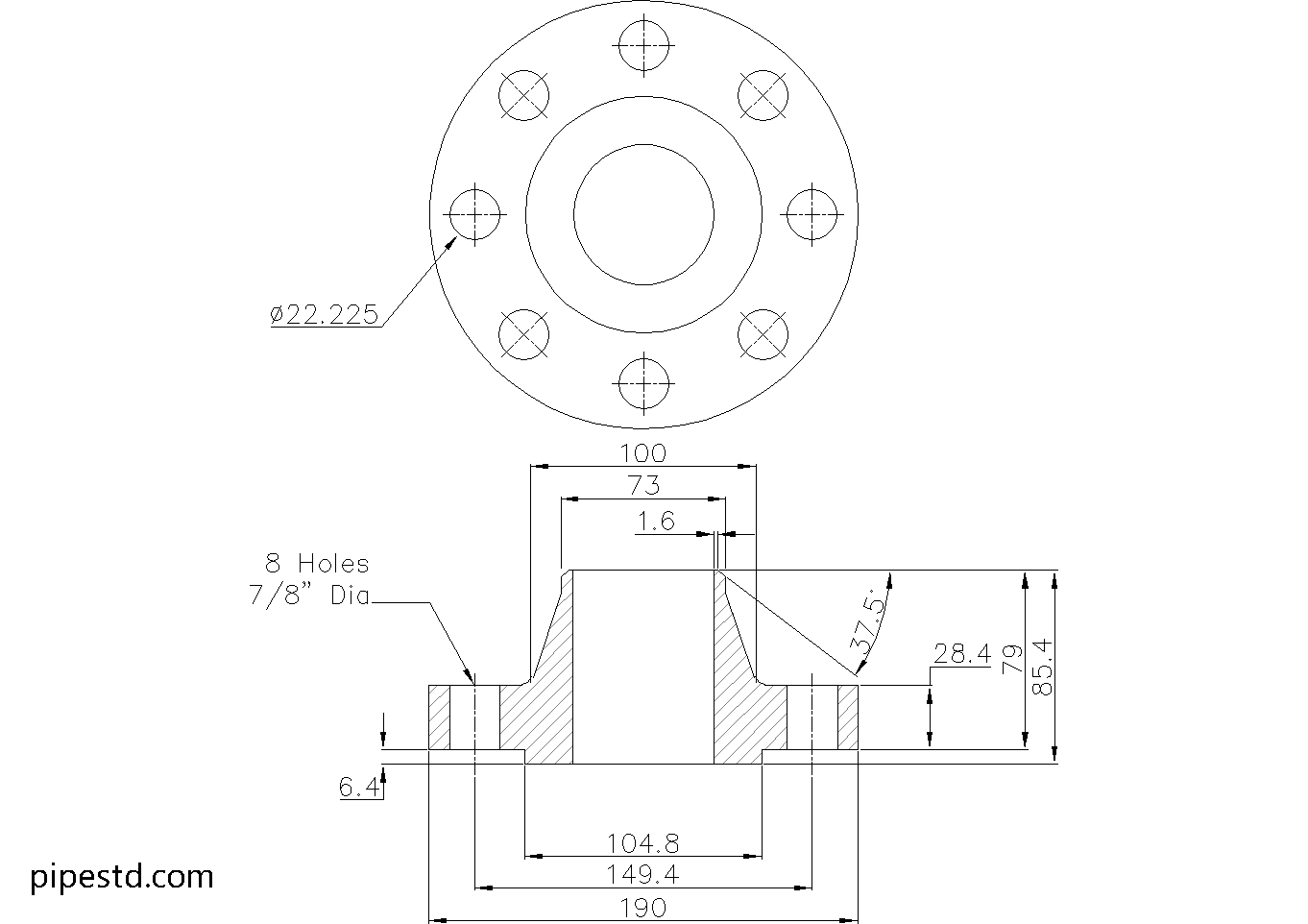 Weld Neck Flange 2 1/2 Inch Class 400 Dimensions, Weight and Bolt Size