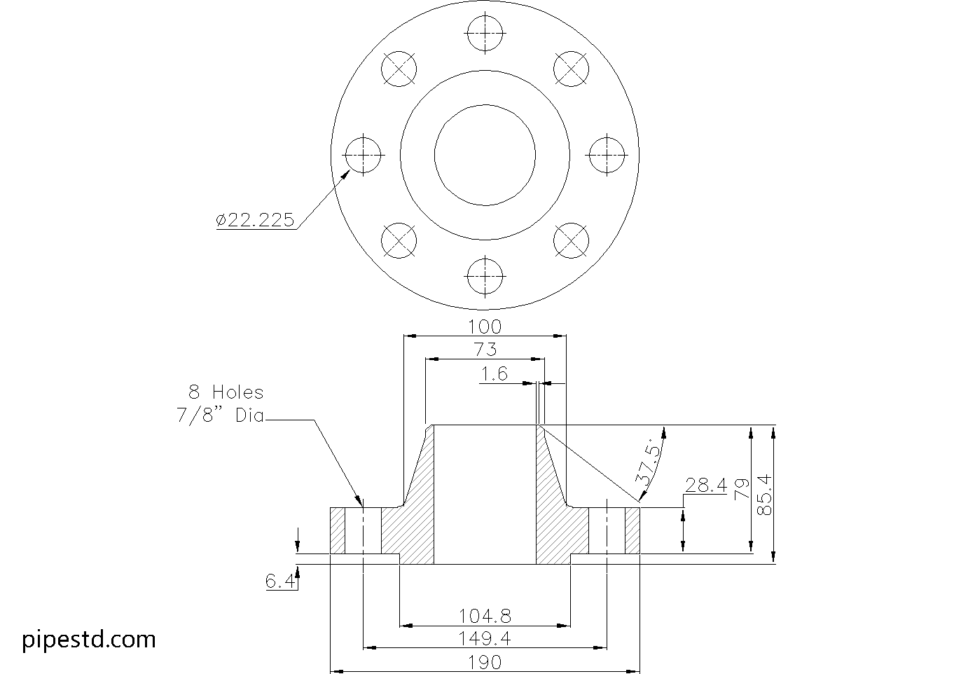 Weld Neck Flange 2 1/2 Inch Class 600 Dimensions, Weight and Bolt Size