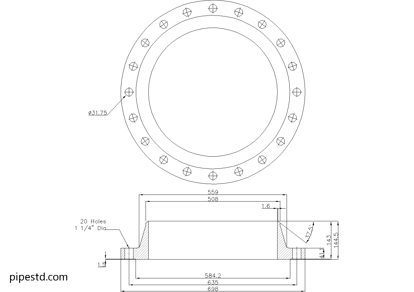 Weld Neck Flange 20 Inch Class 150 Dimensions, Weight and Bolt Size
