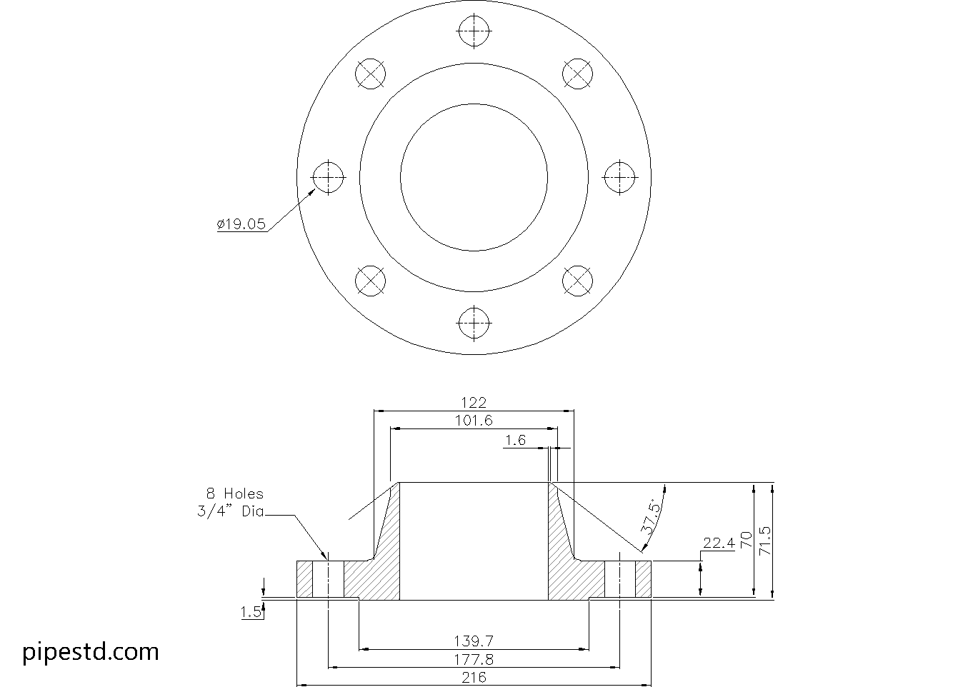 Weld Neck Flange 3 1/2 Inch Class 150 Dimensions, Weight and Bolt Size