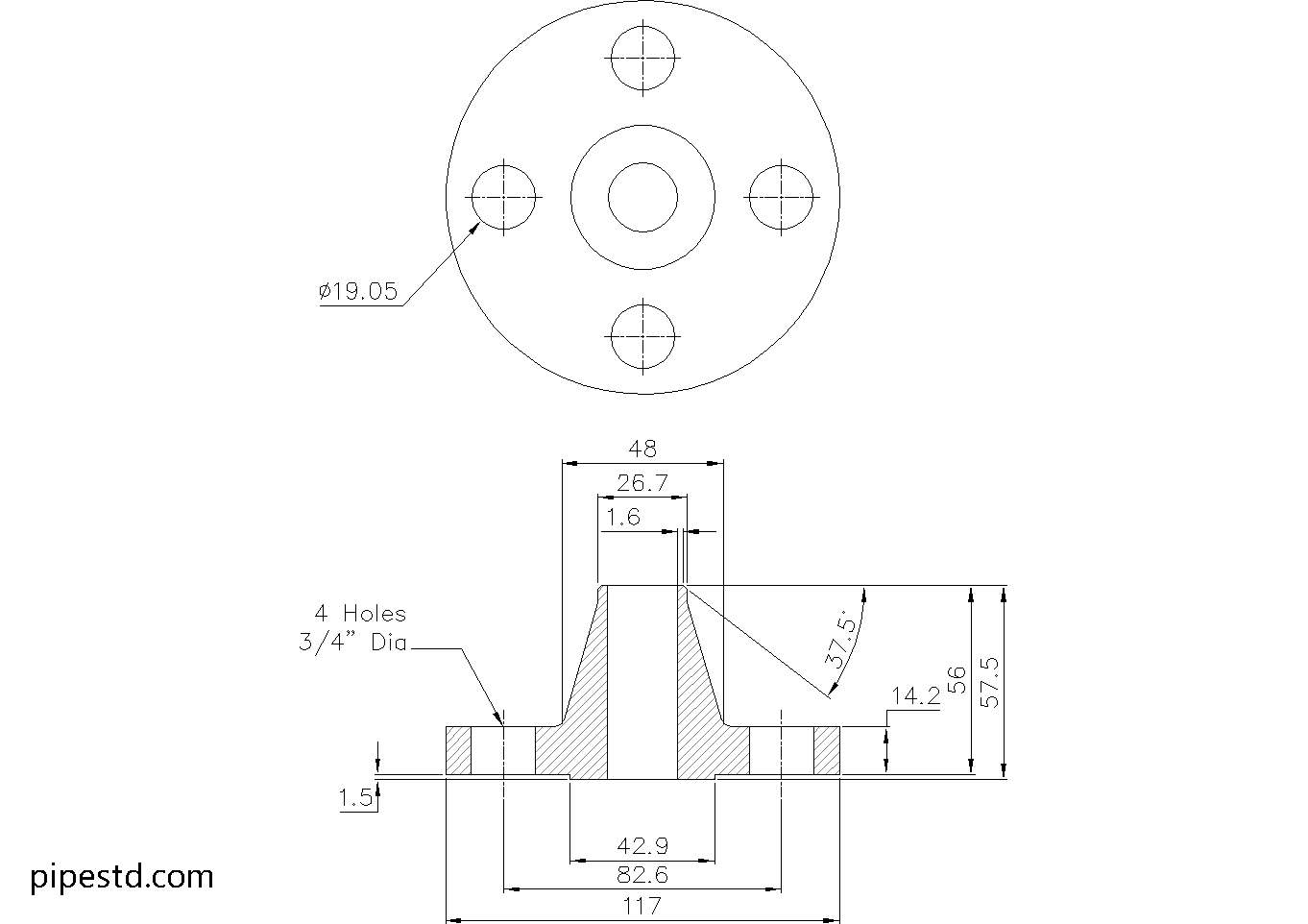 Weld Neck Flange 3/4 Inch Class 300 Dimensions, Weight and Bolt Size