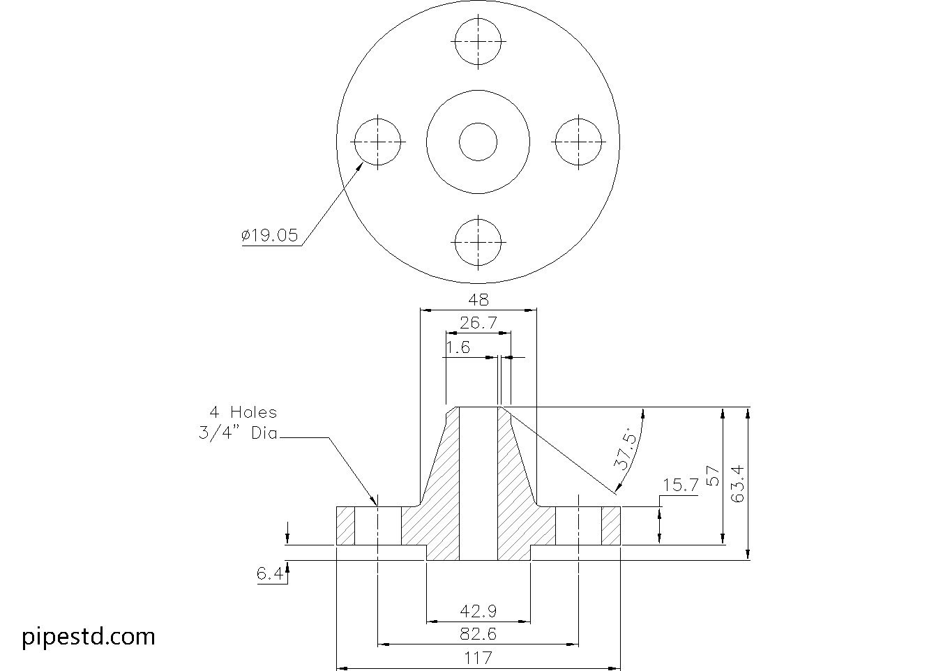 Weld Neck Flange 3/4 Inch Class 400 Dimensions, Weight and Bolt Size