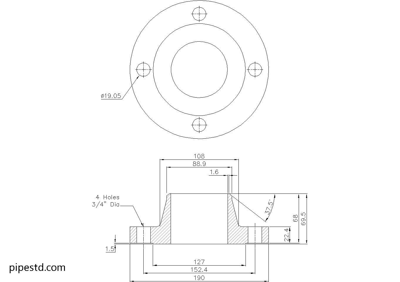 Weld Neck Flange 3 Inch Class 150 Dimensions, Weight and Bolt Size