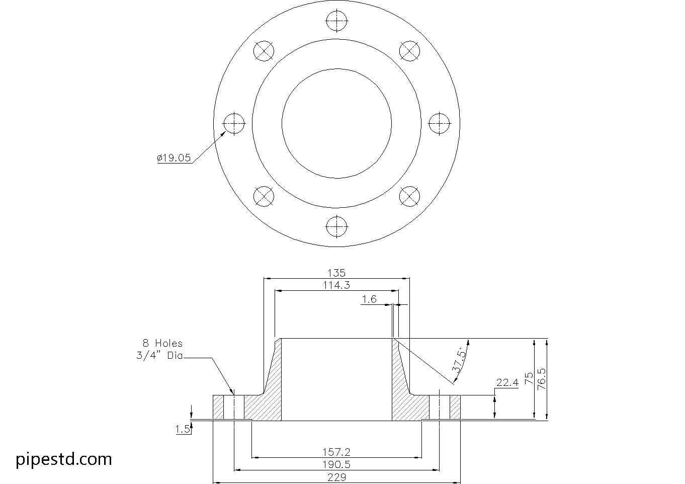 Weld Neck Flange 4 Inch Class 150 Dimensions, Weight and Bolt Size