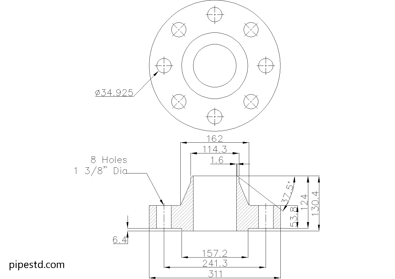 Weld Neck Flange 4 Inch Class 1500 Dimensions, Weight and Bolt Size