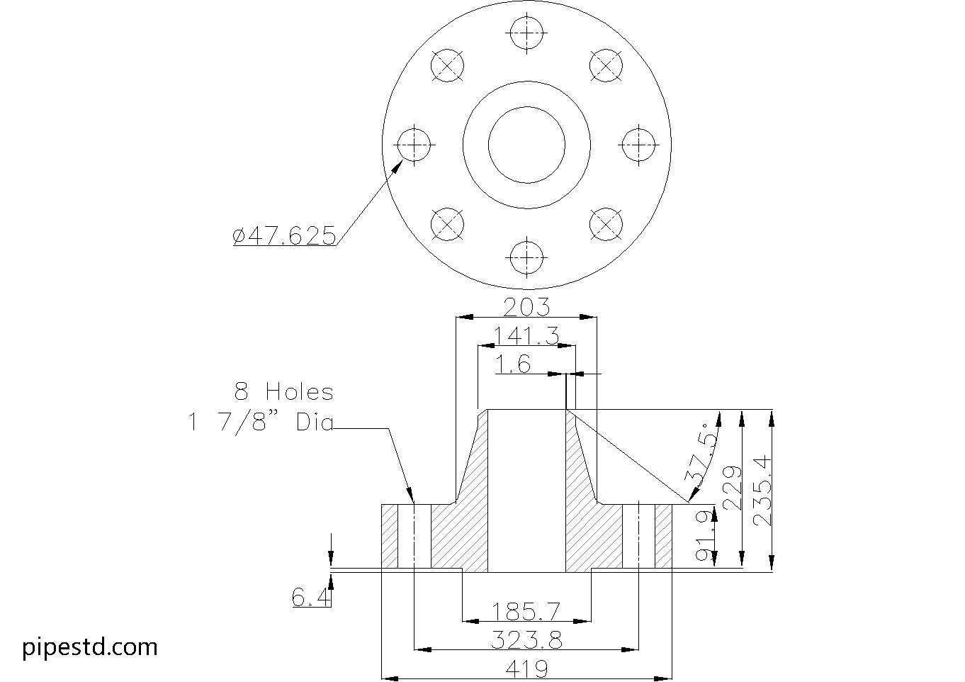 Weld Neck Flange 5 Inch Class 2500 Dimensions, Weight and Bolt Size