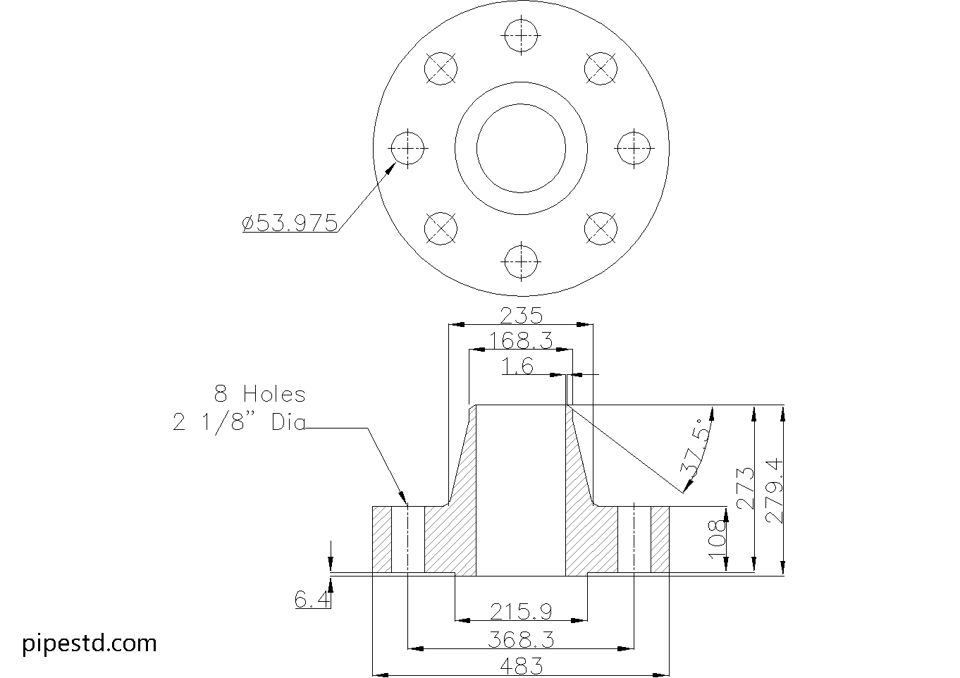 Weld Neck Flange 6 Inch Class 2500 Dimensions, Weight and Bolt Size