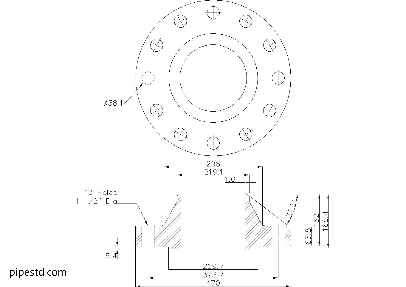 Weld Neck Flange 8 Inch Class 900 Dimensions, Weight and Bolt Size