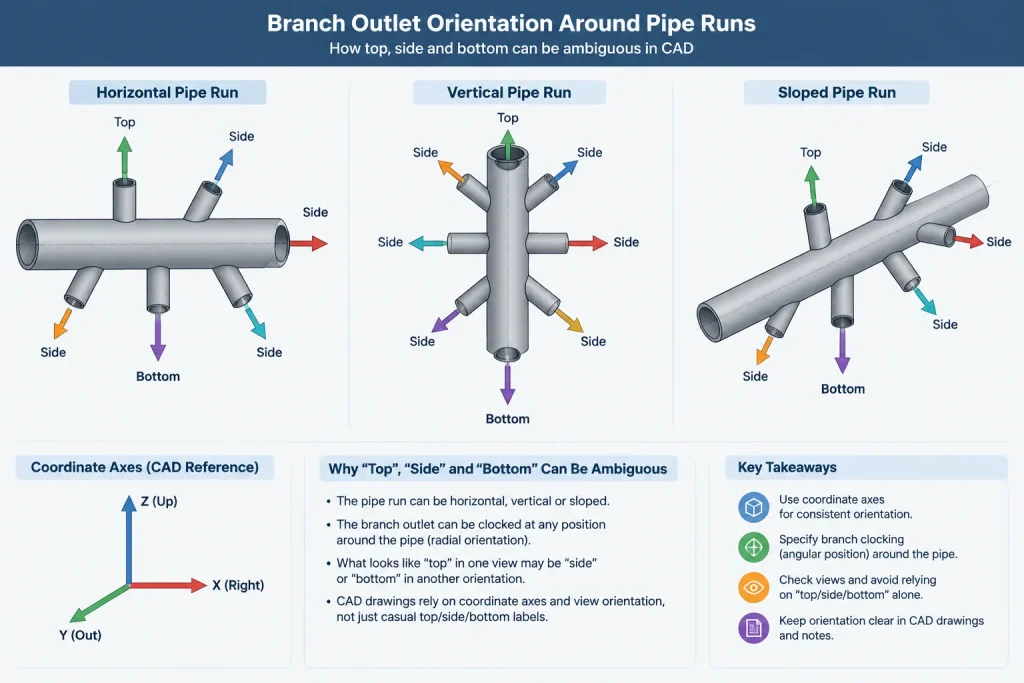 Branch Outlet Fittings in Piping CAD: Type, Orientation, and Fabrication Detail piping engineering illustration