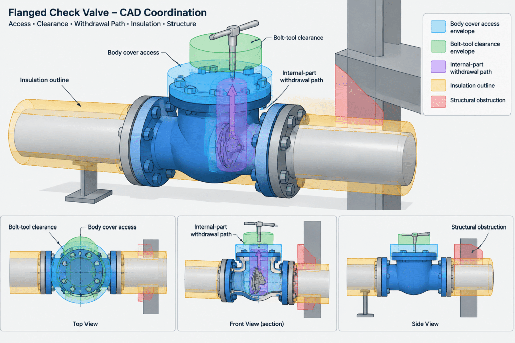 Check Valve Types in Piping CAD: Flow Direction, Orientation, and Maintenance piping engineering illustration