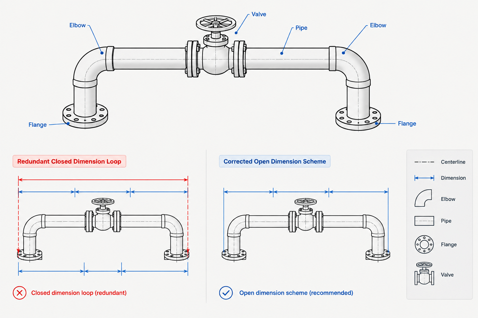 Closed Dimension Loops in Piping Drawings: How to Prevent Conflicting Fabrication Requirements piping engineering illustration