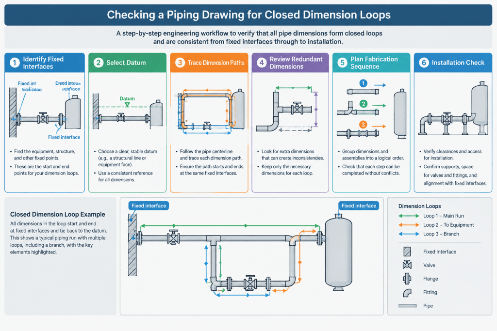 Closed Dimension Loops in Piping Drawings: How to Prevent Conflicting Fabrication Requirements piping engineering illustration
