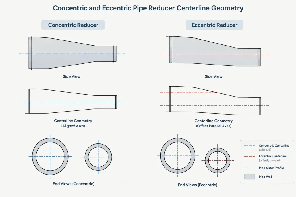 Concentric vs. Eccentric Pipe Reducers in CAD: Orientation, Flow, and Dimension Control piping engineering illustration