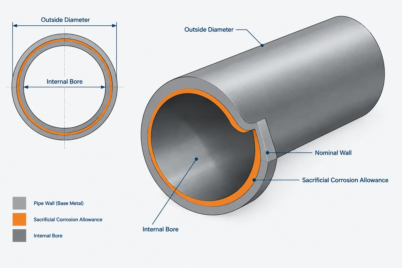 Corrosion Allowance in Piping: How It Relates to Pipe Schedule, Wall Thickness, and CAD piping engineering illustration