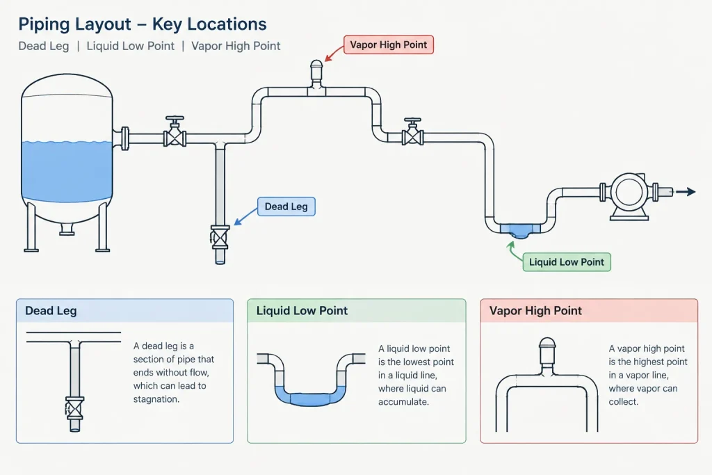 Dead Legs in Piping Layout: How to Identify, Measure, and Document Stagnant Branches piping engineering illustration