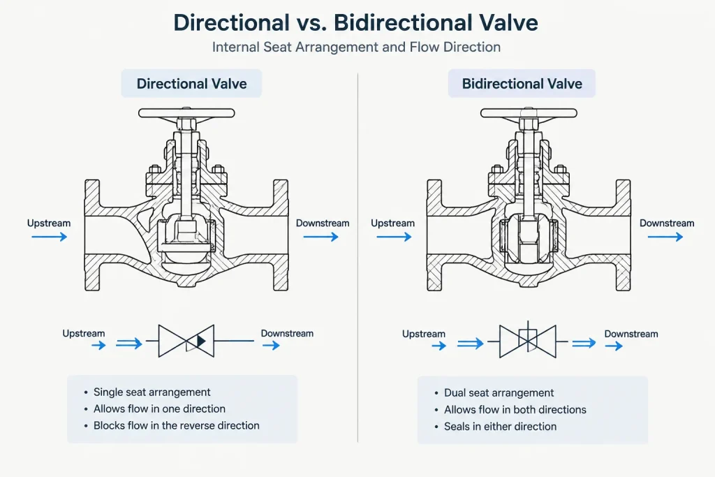 Directional vs. Bidirectional Valves in Piping CAD: Flow, Sealing, and Installation Control piping engineering illustration