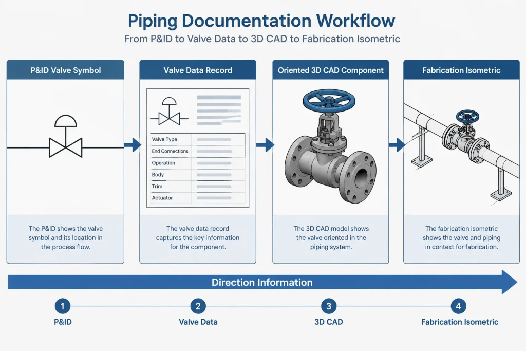 Directional vs. Bidirectional Valves in Piping CAD: Flow, Sealing, and Installation Control piping engineering illustration
