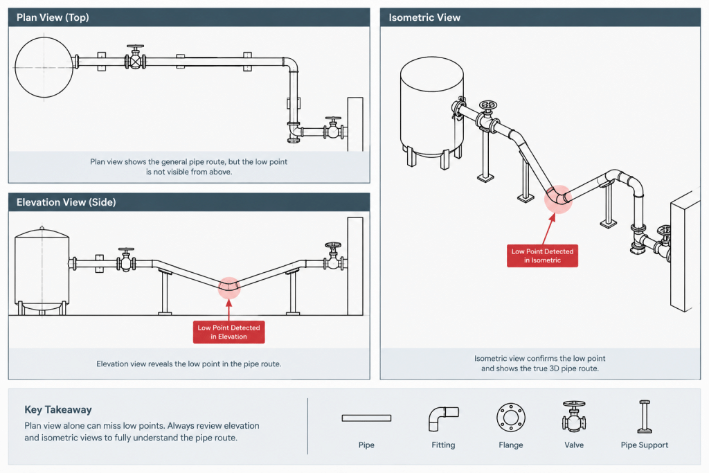 Drainable Piping Layout in CAD: How to Find and Prevent Liquid Pockets piping engineering illustration
