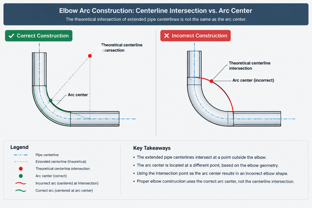 Elbow Tangent Points and Theoretical Intersections in Piping CAD piping engineering illustration