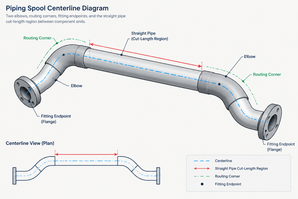 Elbow Tangent Points and Theoretical Intersections in Piping CAD piping engineering illustration