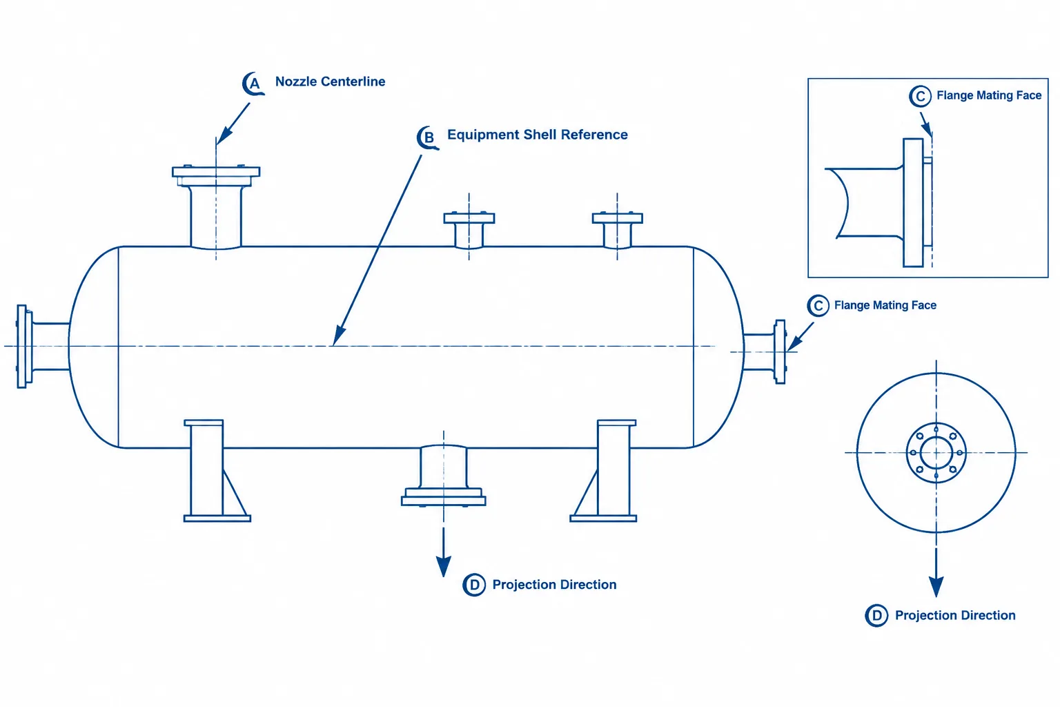 Equipment Nozzle Projection in Piping CAD: Reference Points, Flange Faces, and Interface Control