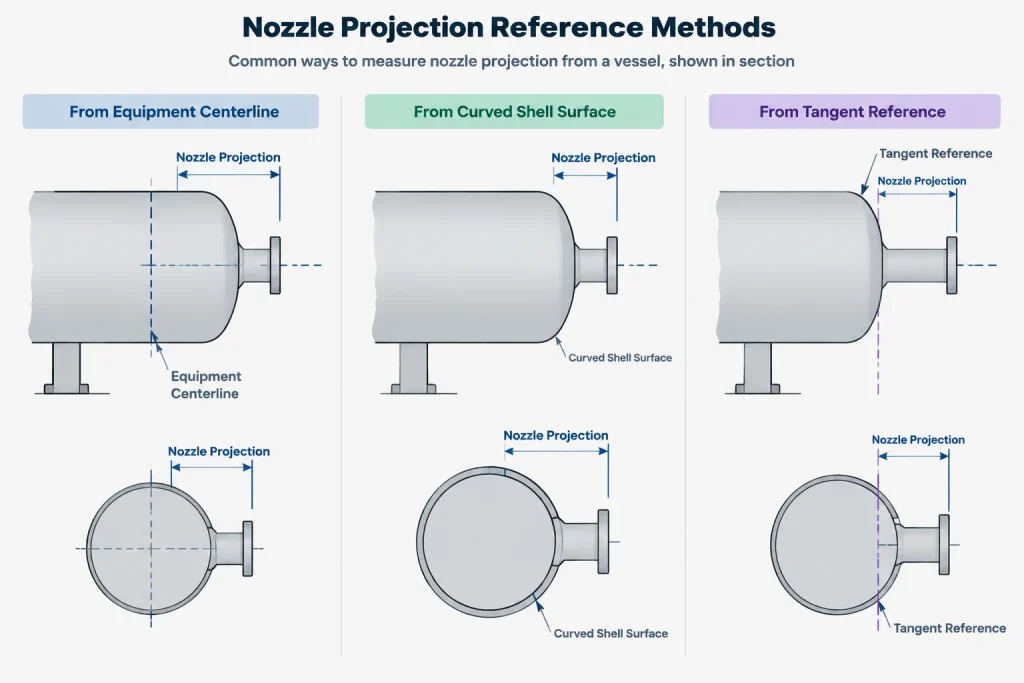 Equipment Nozzle Projection in Piping CAD: Reference Points, Flange Faces, and Interface Control piping engineering illustration