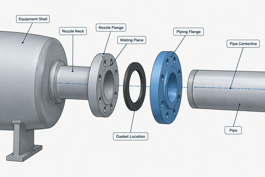 Equipment Nozzle Projection in Piping CAD: Reference Points, Flange Faces, and Interface Control piping engineering illustration
