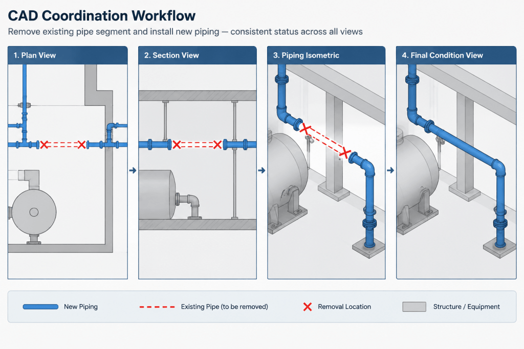 Existing, Demolition, and Temporary Piping in CAD: A Clear Documentation Workflow engineering illustration