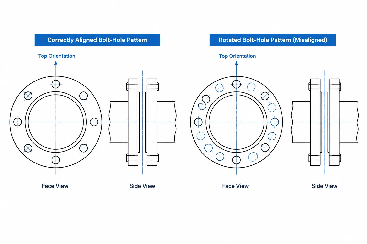 Flange Bolt-Hole Orientation in CAD: Straddling Centerlines, Clocking, and Face Views