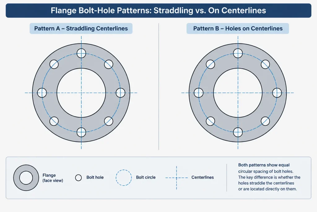 Flange Bolt-Hole Orientation in CAD: Straddling Centerlines, Clocking, and Face Views piping engineering illustration