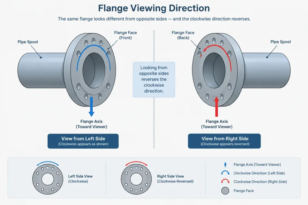 Flange Bolt-Hole Orientation in CAD: Straddling Centerlines, Clocking, and Face Views piping engineering illustration