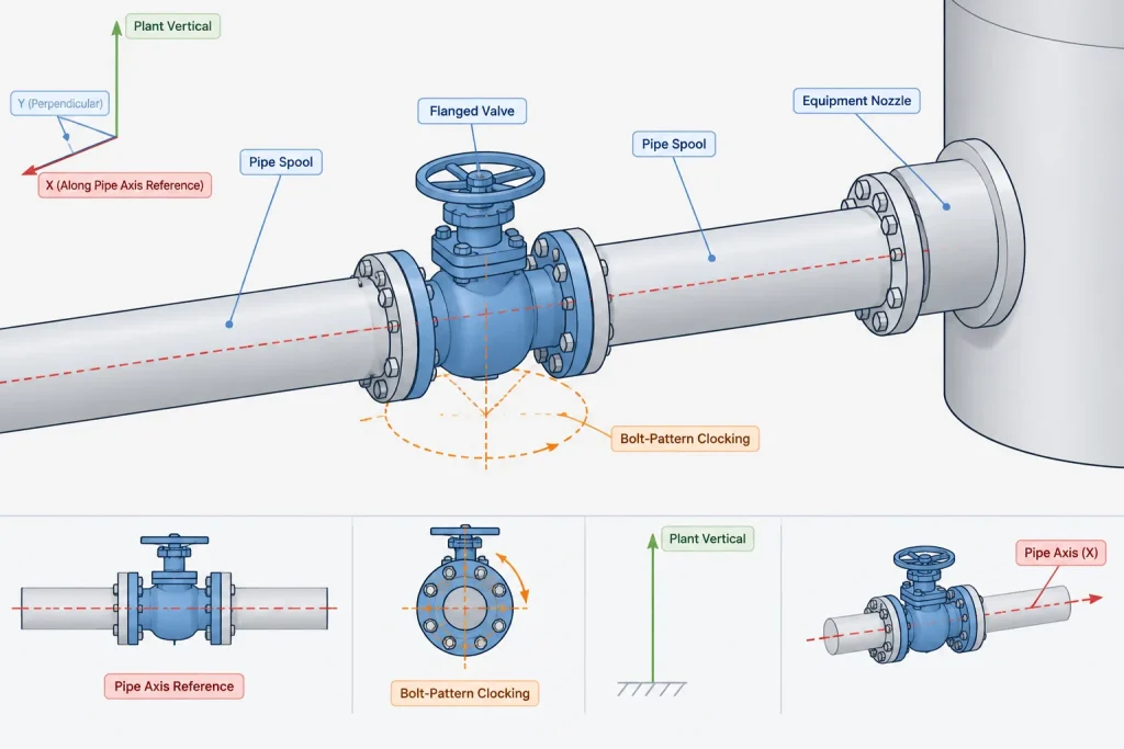 Flange Bolt-Hole Orientation in CAD: Straddling Centerlines, Clocking, and Face Views piping engineering illustration