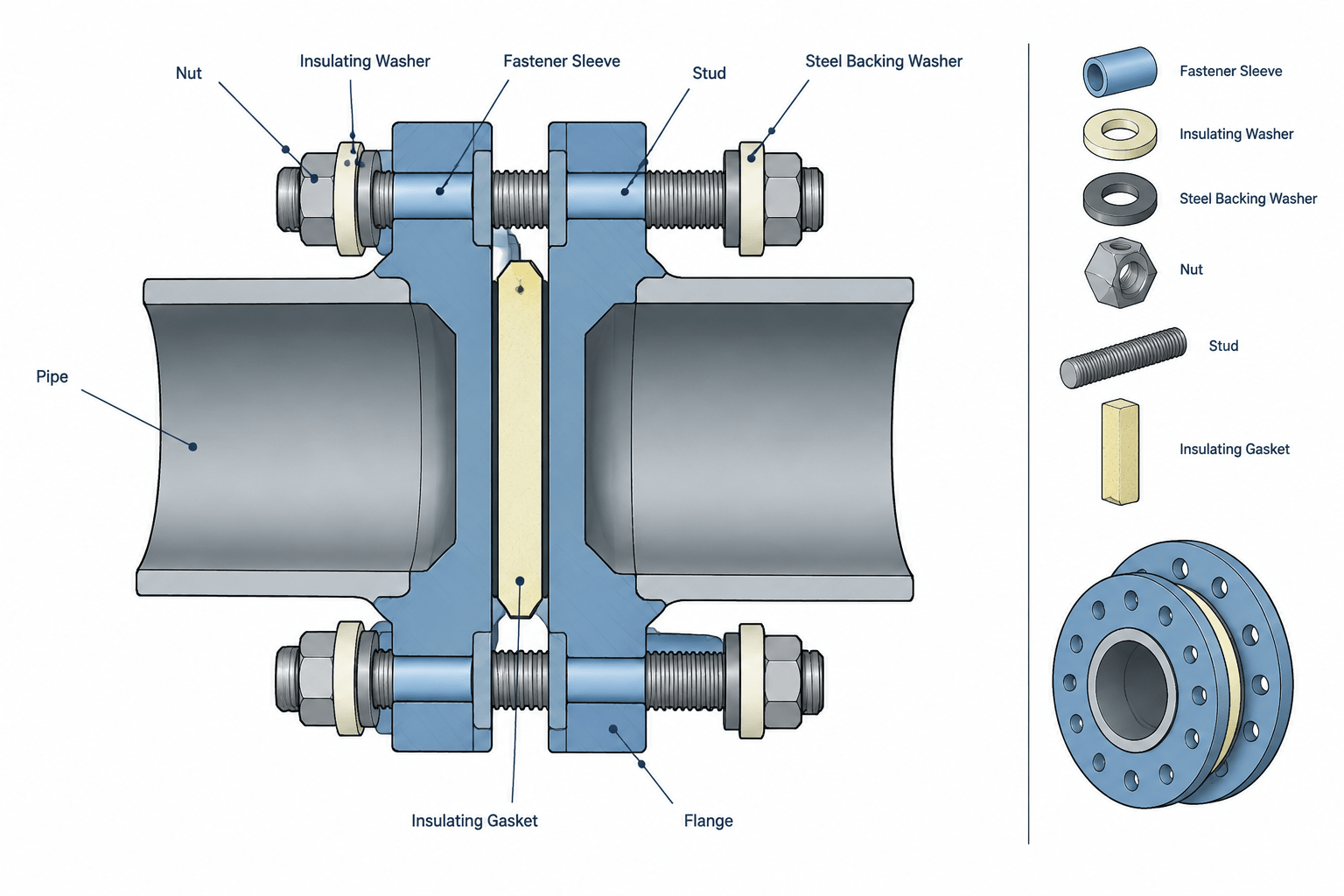 Flange Isolation Kits in Piping CAD: Gaskets, Sleeves, Washers, and Joint Stack-Up piping engineering illustration